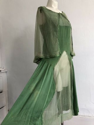 Vintage 1920s Fairy Green Silk and Embroidered Tulle Net Dress Capelet Sheer VTG 3