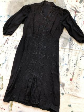 Vintage 1920 30 Black Crepe Silk Floral Embroidered Day Dress Ruching Art Deco
