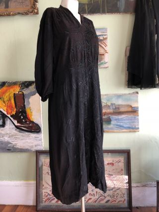 Vintage 1920 30 Black Crepe Silk Floral Embroidered Day Dress Ruching Art Deco 2