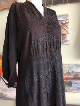 Vintage 1920 30 Black Crepe Silk Floral Embroidered Day Dress Ruching Art Deco 3