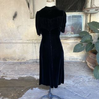 Antique 1930s Black Silk Velvet Button Dress Attached Belt Short Sleeves Vintage