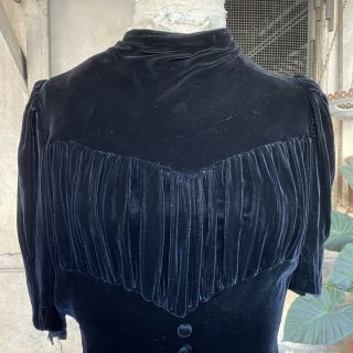 Antique 1930s Black Silk Velvet Button Dress Attached Belt Short Sleeves Vintage 2