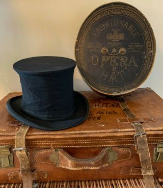Antique Victorian Dunlap & Co Collapsible Opera Top Hat - Box - Provenance
