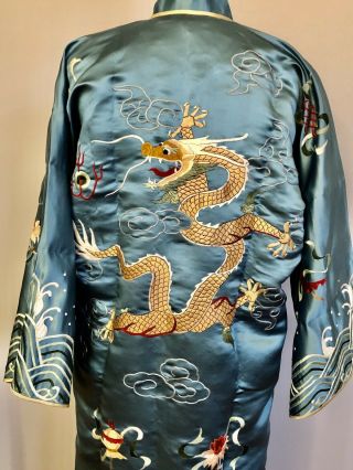 VIntage Chinese EMBROIDERED DRAGON FLAMING PEARL Robe Jacket PURE SILK 2
