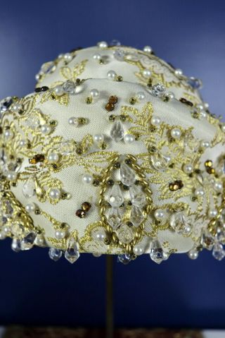 Vintage Christian Dior Chapeaux Beaded Turban Pill Box Hat Gold Sz 22