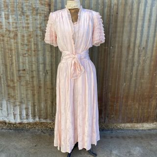 Vintage 1940s Pink Floral Brocade Rayon Nightgown Dress & Jacket Lace Ruffles