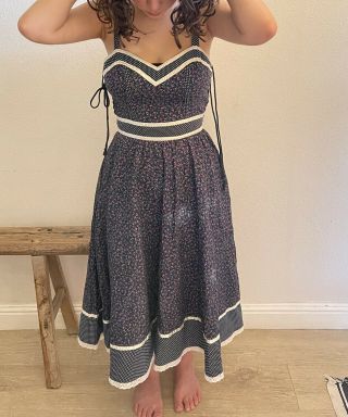 Gunne Sax Side Corset Calico Sundress Xs/small Blue Floral Cottage Core 1970’s