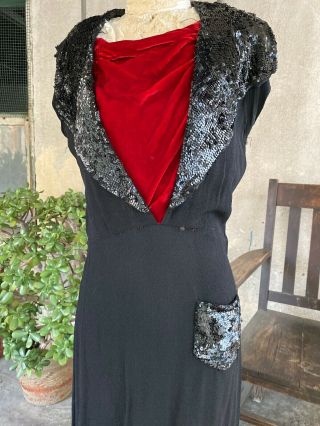 Antique 1930s Black & Red Crepe Silk & Velvet & Sequins Dress Bias Maxi Vintage