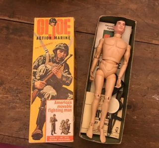 Vintage Gi Joe Action Marine 7700 1964 Triple Tm Box,  Rubber Boots & Tm/r Figure