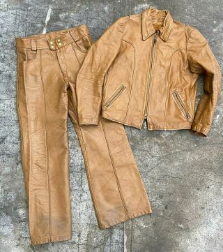 Vtg 70s Caramel Brown Leather Motorcycle Pants (34) & Jacket (42) W/ Liner Sz M