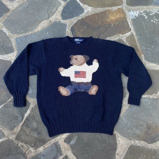 90s Vintage Navy Polo Ralph Lauren Teddy Bear Usa Flag Print Sweater Top Mens L