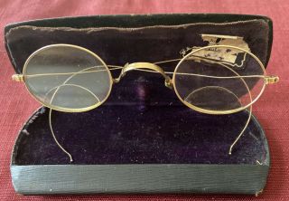 Antique Oval Rimmed 14k Gold Eye Glasses And Case Late 1800s Maker Mark Ao