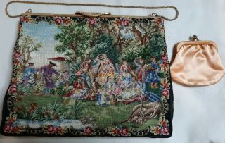 Vintage Imported Handmade Petit Point Purse Walborg Scenic Figural Bag Handbag