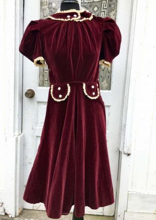 1940s 1930s Berry Velvet Juniors Day Dress Puff Sleeves Lace Trim Wwii Deco Xs