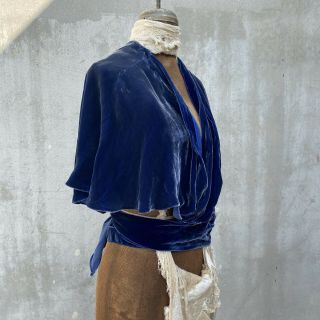 Antique 1930s Blue Silk Velvet Wrap Blouse Dress Top Shirt Flutter Sleev Vintage