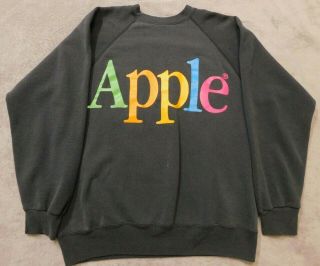 Vintage 80s Apple Computers Rainbow Logo Xl Black Crewneck Sweater 90 