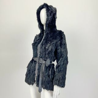 Vintage 70s Fur Jacket Coat Black Rabbit & Leather Hooded Belted S 4 6