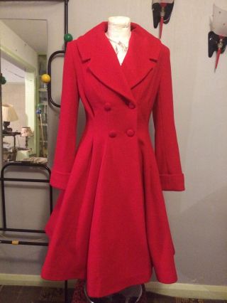 Ladies Vintage 1940s/50s Swing Style Fit And Flare Wool Coat.  Red.  Massive