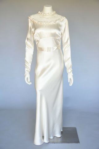 Vtg Vintage 1930s Ivory Silk Wedding Dress Gown Belted Lace Inserts Modest S/m