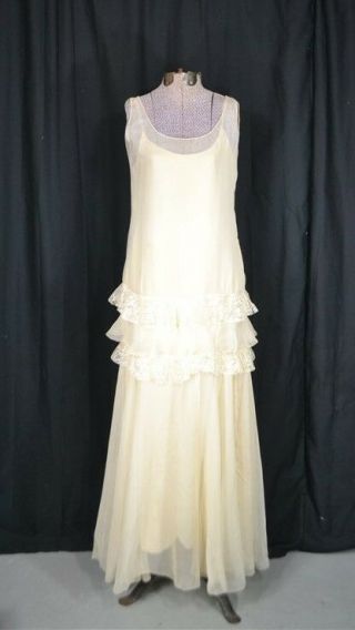 Dress Flapper Drop Waist Long White Chiffon Lace Evening Wedding Antique 1920 Vg
