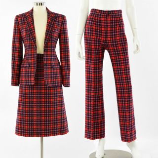 Vintage Womens M Pendleton Red Plaid Wool Suit Blazer High Waist Pants Skirt