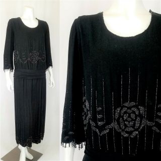 Vintage 1920s Black Silk Flapper Dress Cut Glass Grey Seed Bead Roses Size M