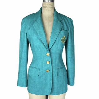 Vintage Christian Dior Blazer Jacket Size 2 Womens Embroidered Chest Logo Green
