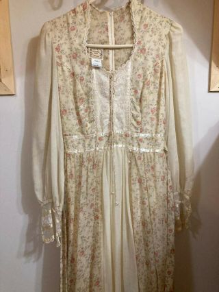 Vntg Gunne Sax Dress Jessica Mcclintock Maxi Prairie Boho Pink Ivory Floral/lace