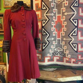 Vintage 1940’s Red Wool And Mink Coat Lilli Ann Style