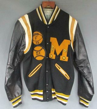 Vintage 1960s Tornadoes Black Wool Varsity Jacket M Basketball/baseball Patches