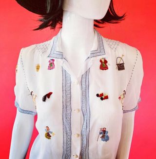 Rare Vtg 30’s - 40’s Embroidered Hungarian Novelty Peasant Top Sz S/m