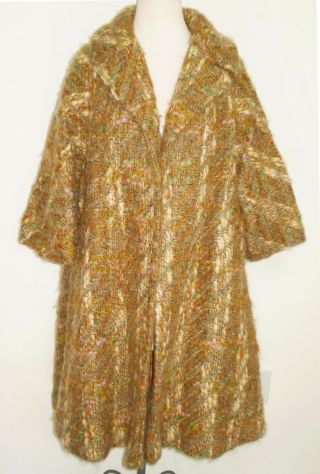 Vintage Lilli Ann Tisse A Paris Mohair Boucle Wool Tweed Long Swing Coat Med