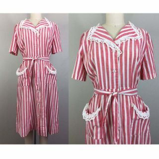 Vtg Womens 1930s Dress Red And White Candy Stripe Eyelet Trim Day Dress M