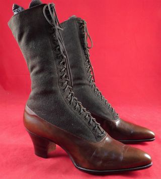 Edwardian Unworn Two Tone Brown Wool Cloth Leather High Top Lace - Up Boots Vtg