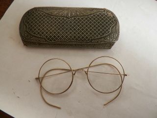 Antique 14k Gold Round Wire Rim Eyeglasses W/case A O American Optical Vtg 1900