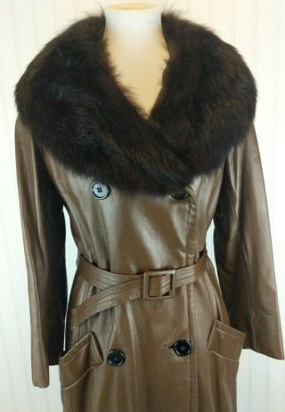 Vintage 60s 70s Chocolate Brown Leather Coat Trench Long Mod Black Fox Trim Belt