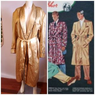 Vintage 40s 50s Mens Gold Playboy Hollywood Smoking Jacket Robe Large