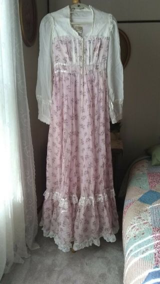 Vntg Gunne Sax Dress Jessica Mcclintock Maxi Prairie Boho Pink Floral/lace Nwot
