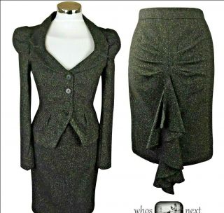 Warehouse 14 40s Ww2 Vintage Style Tweed Bustle Brown Wool Skirt Suit Eu42 Us 10