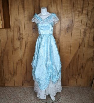 Vintage 1980s Nadine Southern Belle Bridesmaid Tulle Lace Blue Dress Size Small