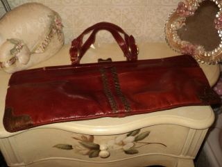 French Vintage 50s Brown Leather & Snakeskin Satchel Handbag Long 20 "