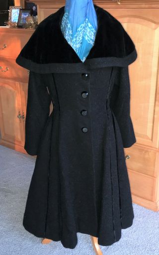 Vintage 50s Gorgeous Black Wool W/ Velvet Trim Fit & Flare Princess Coat,  Small