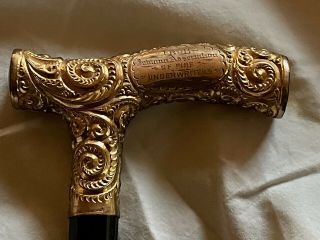 Antique Rolled Gold Ebony Presentation Cane Walking Stick K & H Company 1880 