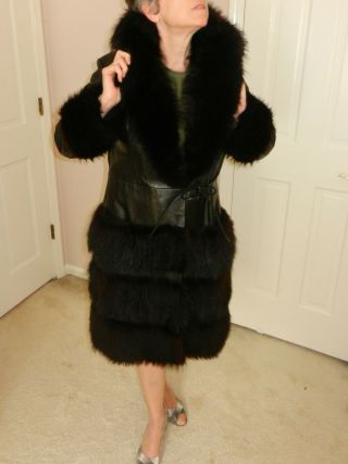 Vintage Ladies Black Leather And Fox Fur Coat