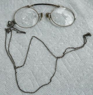 Antique 14k Gold Hutten Oxford Opera Glasses W/ Sterling Silver Chain Eyeglasses