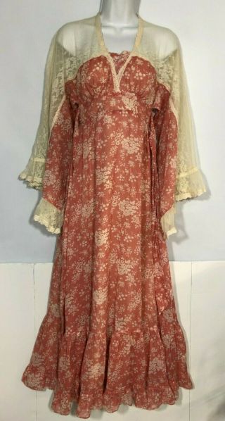 Vintage Gunne Sax Dress Prairie Pink Flare Bell Sleeve Size 7 26 Waist