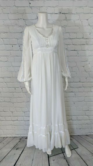 Gunne Sax Jessica Mcclintock 1970s Vintage White Lace Sleeve Prairie Dress Sz 4