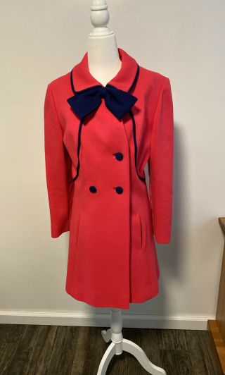 Vintage Lilli Ann Womens Coat,  Hot Pink & Navy Giant Bow,  Medium Size 6
