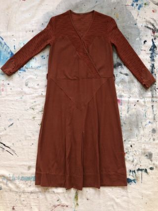 Vintage 1930s Rust Cotton Knit Day Dress Art Deco Asymmetrical Paneled 1920s Vtg