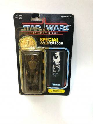 1984 Vintage Star Wars Potf Han Solo In Carbonite Action Figure On Card W/ Coin